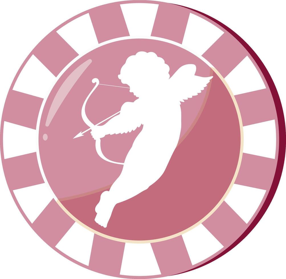 Valentine's Day icon of a pink casino poker chip with cupid shooting a cupid's arrow from a crossbow, for holiday designs and posters vector