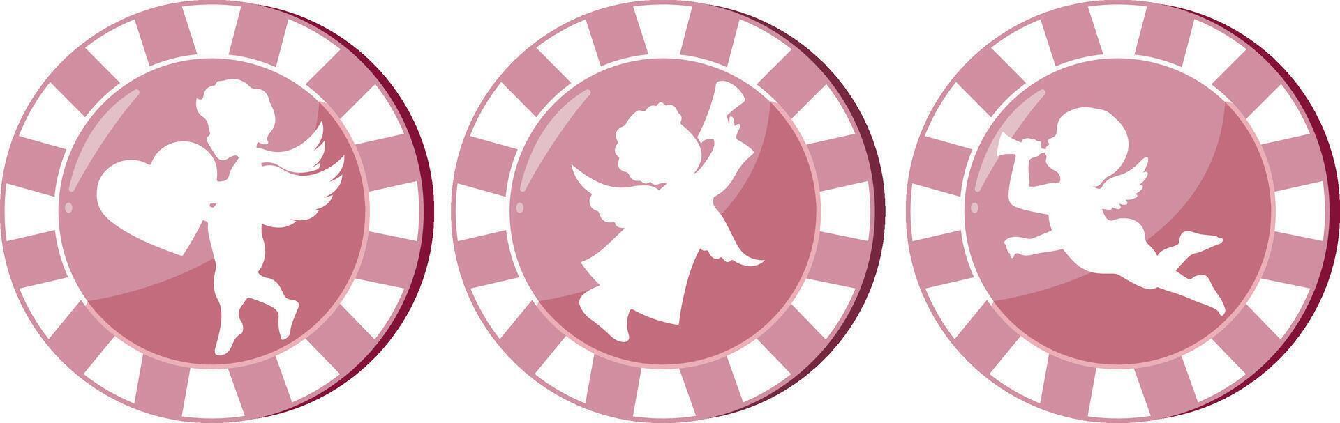 set of pink poker chips with a design for St. Valentine's Day, namely prints of cupids of various types vector