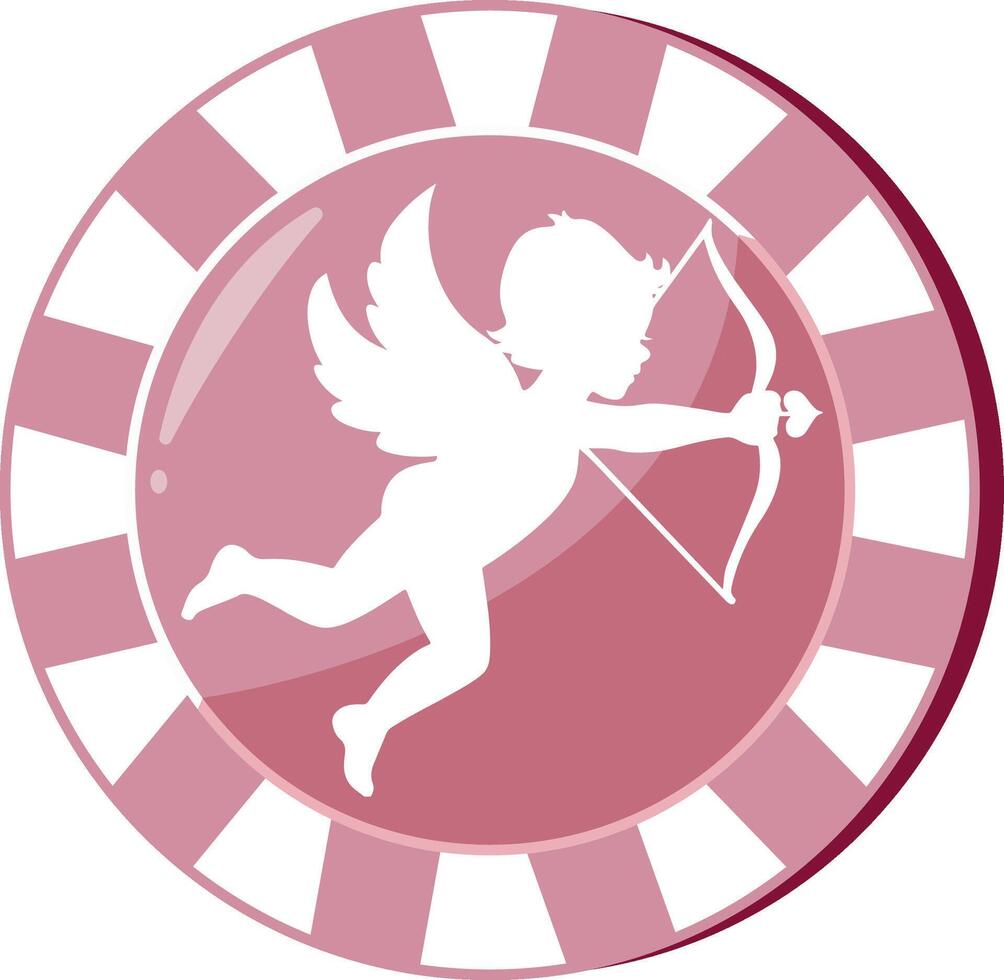icon for valentine's day, namely pink casino poker chip with angel print, crossbow and cupid's arrow, for holiday designs and posters vector