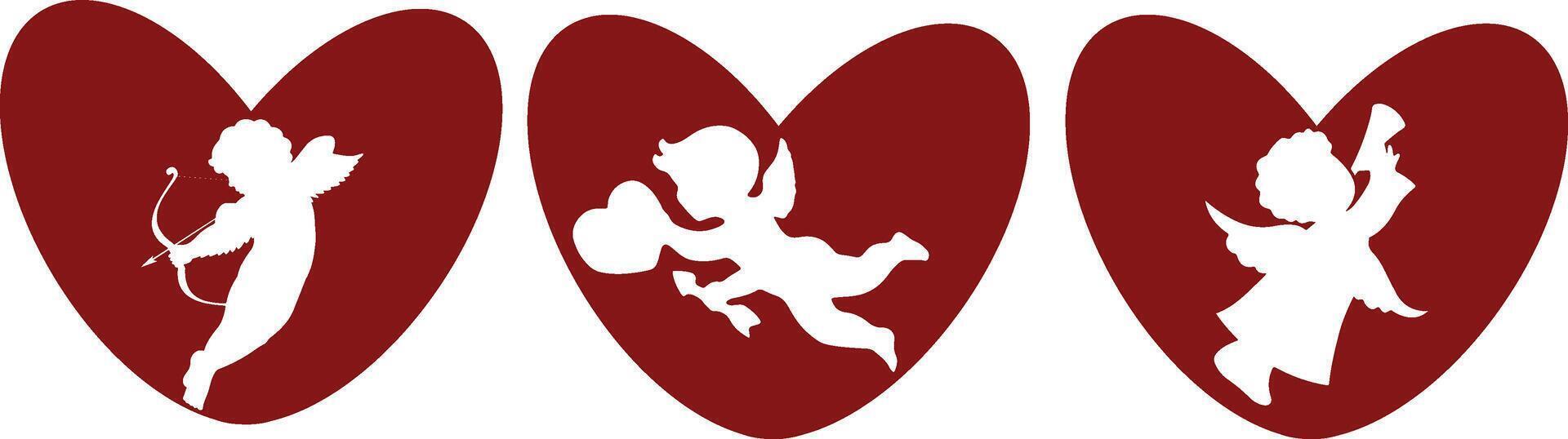 set of simple valentines day icons of red hearts with shadow of cupids in different poses and with different objects for different posters or banners vector