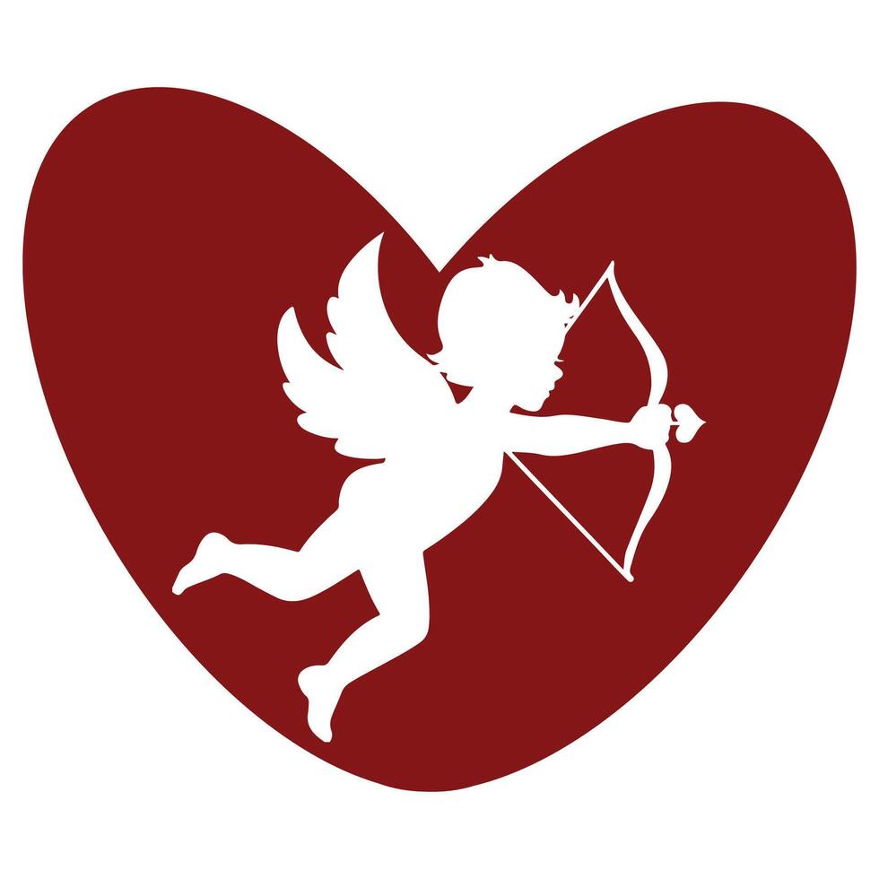 simple icon of red heart with shadow of cupid shooting from drawn bow, design for valentine's day vector