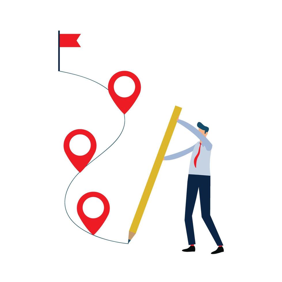 Roadmap concept. Workflow or working process, project progress, milestone or achievement tracking, work experience, businessman using pencil to draw workflow line with achievement flag milestones. vector