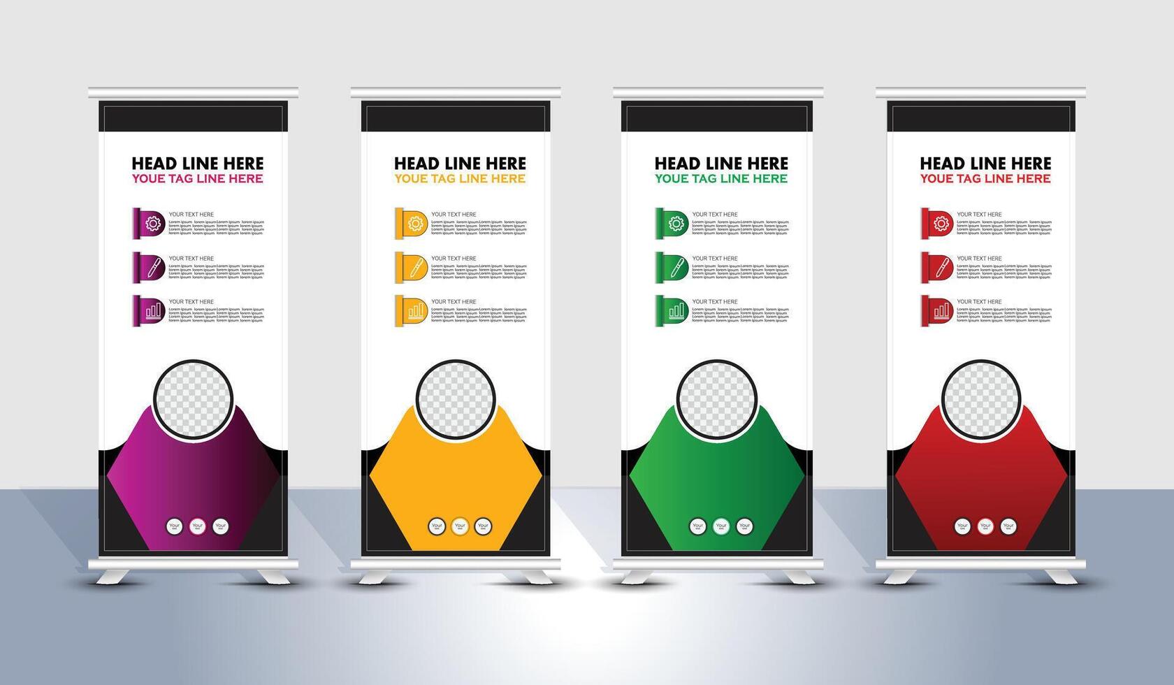 Modern corporate green, red, yellow, purple roll up banner template design vector