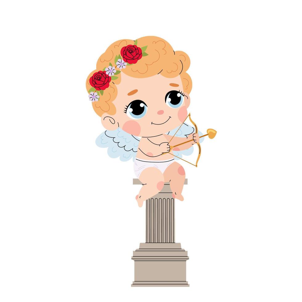 Cupid with bow and arrow sits on a column. Charming cupid. Valentine's Day element. Flat illustration for print, greeting card, poster. vector