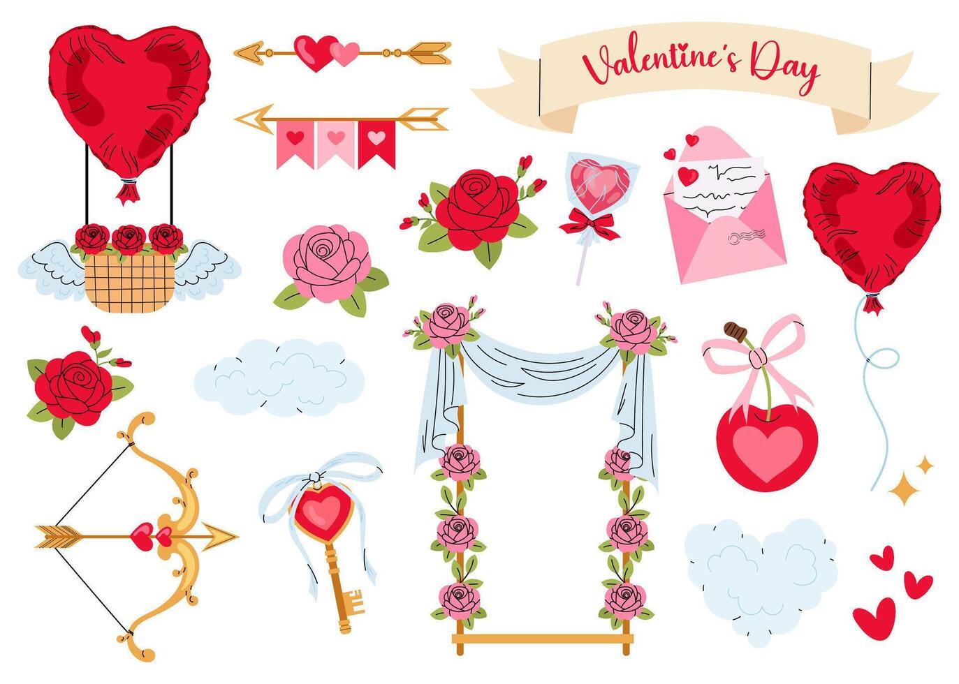 Set elements for Valentine's Day on a white background. Swing, bow and arrow, hearts, letter, lollipop. vector