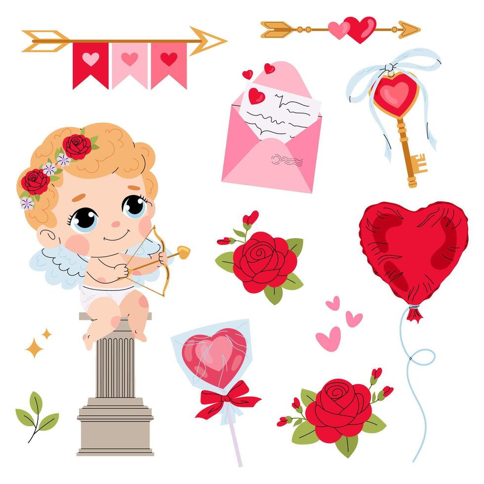 Set of illustrations for Valentine's Day. Cupid, letter, key, heart, rose, arrow, lollipop in flat style. vector