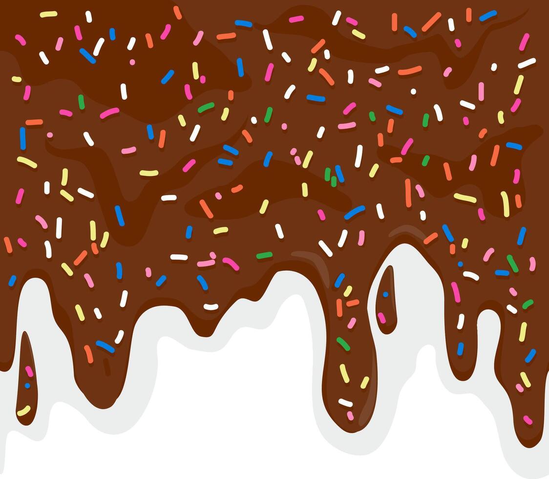 Melting chocolate ice cream frosting with colorful sprinkles on white background. Cocoa ice cream frosting background. Horizontal seamless border. vector