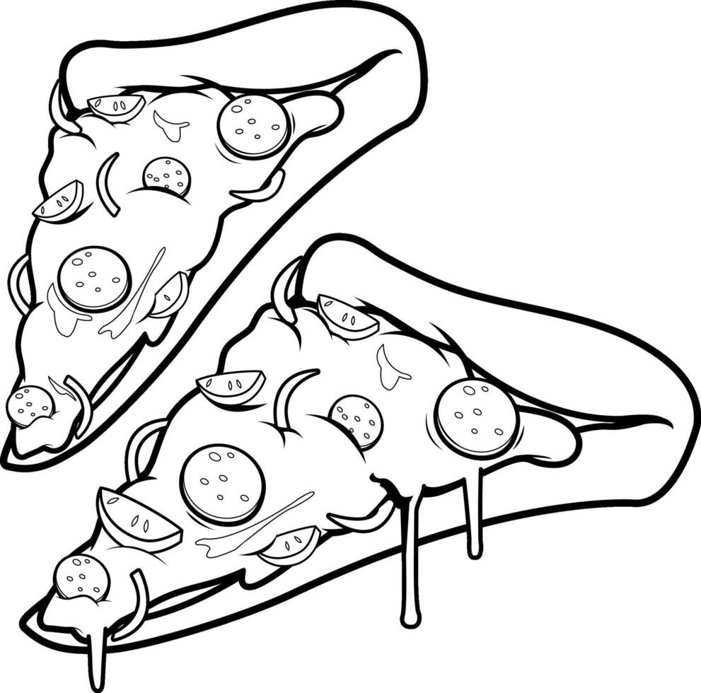 Pizza slices with melting cheese. Cartoon slices of cheese and pepperoni pizza. Black and white coloring page. vector