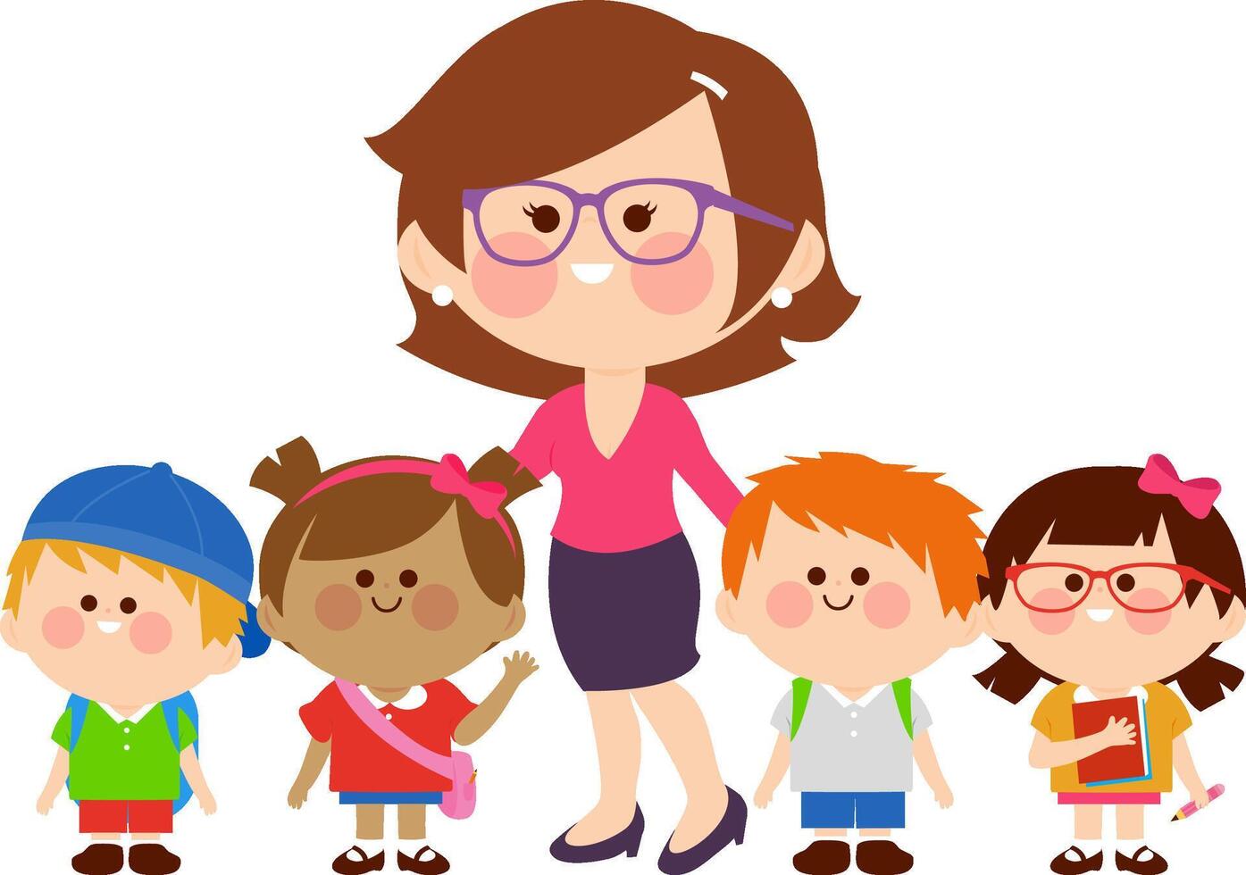 Happy teacher in the classroom and her children students with backpacks, school bags and books. Little kids at school, kindergarten, elementary or preschool. vector
