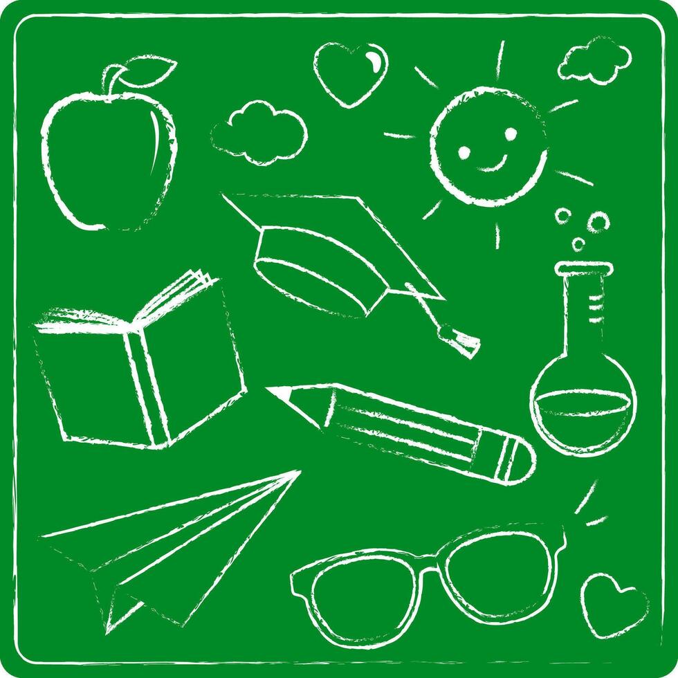School sketch doodles background drawn with chalk on a green chalkboard. Drawings in the classroom board. Teaching education icons. vector