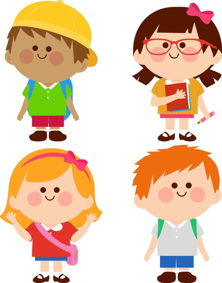 Little kids at school. Happy group of children students carrying backpacks, school bags and books. Set of boys and girls going to kindergarten, elementary or preschool. vector