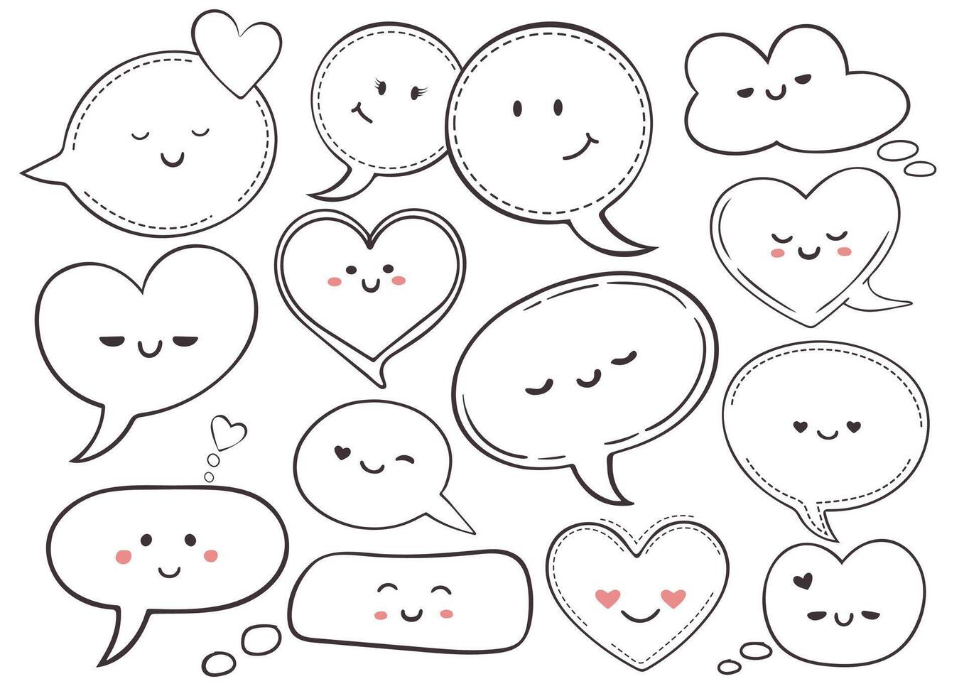 Set of speech bubbles with smiling faces. Talking and thinking clouds with cartoon characters. Collection of emoji design elements for St Valentines day, comic books, design. vector