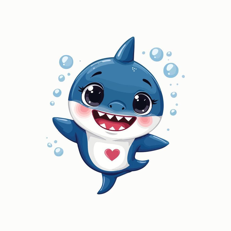 Adorable shark with a heart symbol on its chest in a cheerful cartoon illustration vector