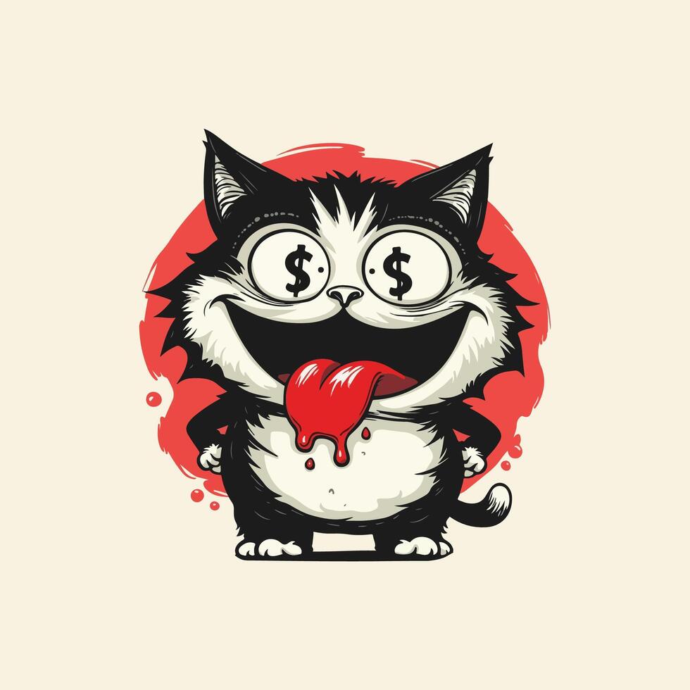 Quirky cartoon cat with wild eyes and a playful expression, illustration in a whimsical art style vector