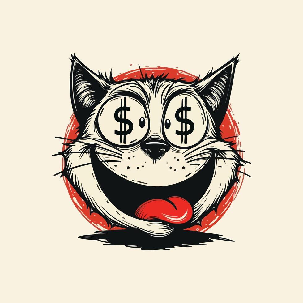 Cartoon-style cat with dollar signs on its eyes and tongue out, bold illustration in a funny art style vector