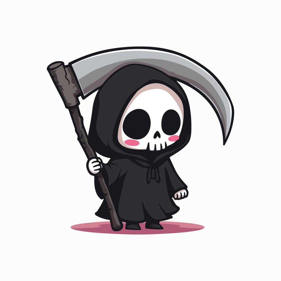 Cute cartoon panda dressed as a grim reaper holding a scythe, illustration in adorable spooky style vector