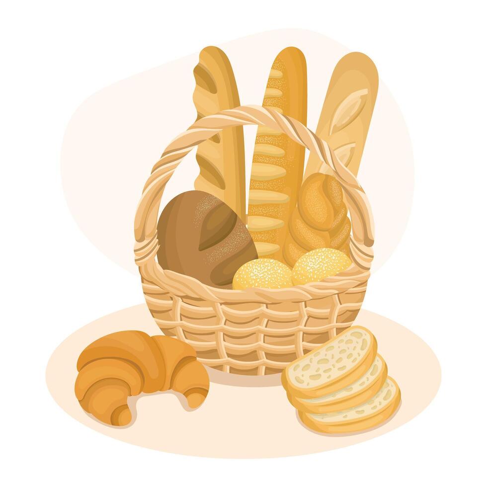 Brown wicker basket with bread, fresh baked baguette and croissant, on white background, modern illustration vector