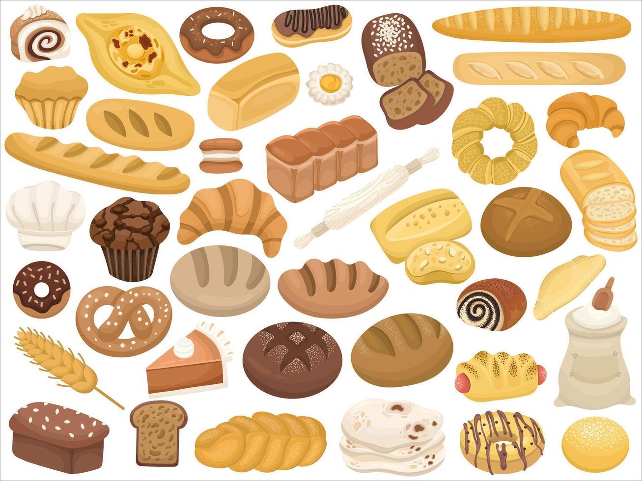 Big set or collection with bread, different pastries and baguette, whole grain bread. Illustration for bakery or confectionery on white background vector