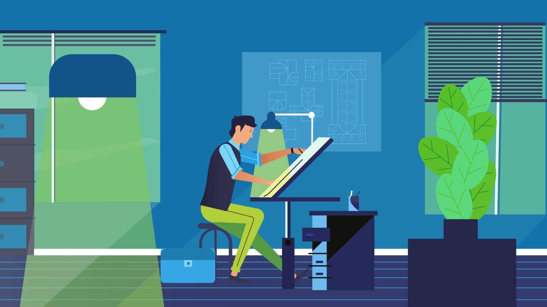 Creative Workspace Illustration of Designer Working on a Drafting Table vector