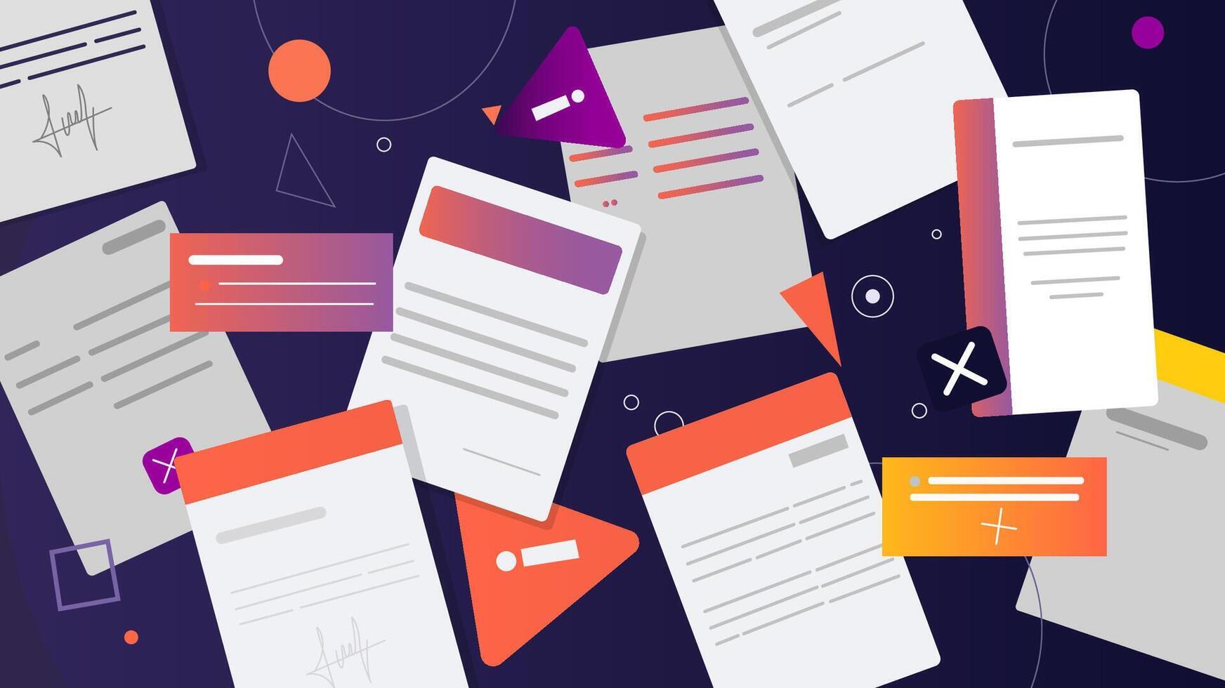 Abstract Document Illustration with Floating Papers and Colorful Geometric Shapes Design vector