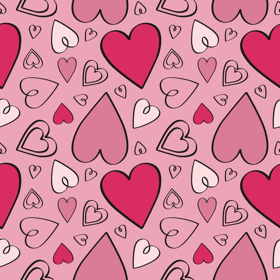 Seamless pattern with hearts. Hand drawn festive pink repeating background for Valentine day, congratulation, birthday. Design for print, textile, wrapping, paper, postcard, banner, flyer vector