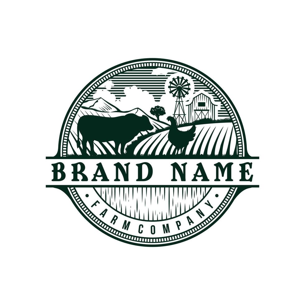 Retro Vintage Cattle Farm Logo Design Illustration With beautiful natural scenery. Luxury Circle Badge Badge vector