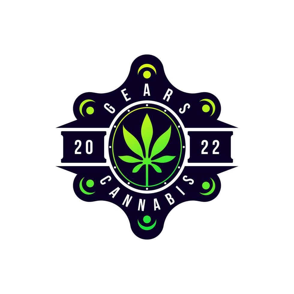Cannabis hemp leaf with gears for cannabidiol cbd industry or cannabis extract cultivation template design vector