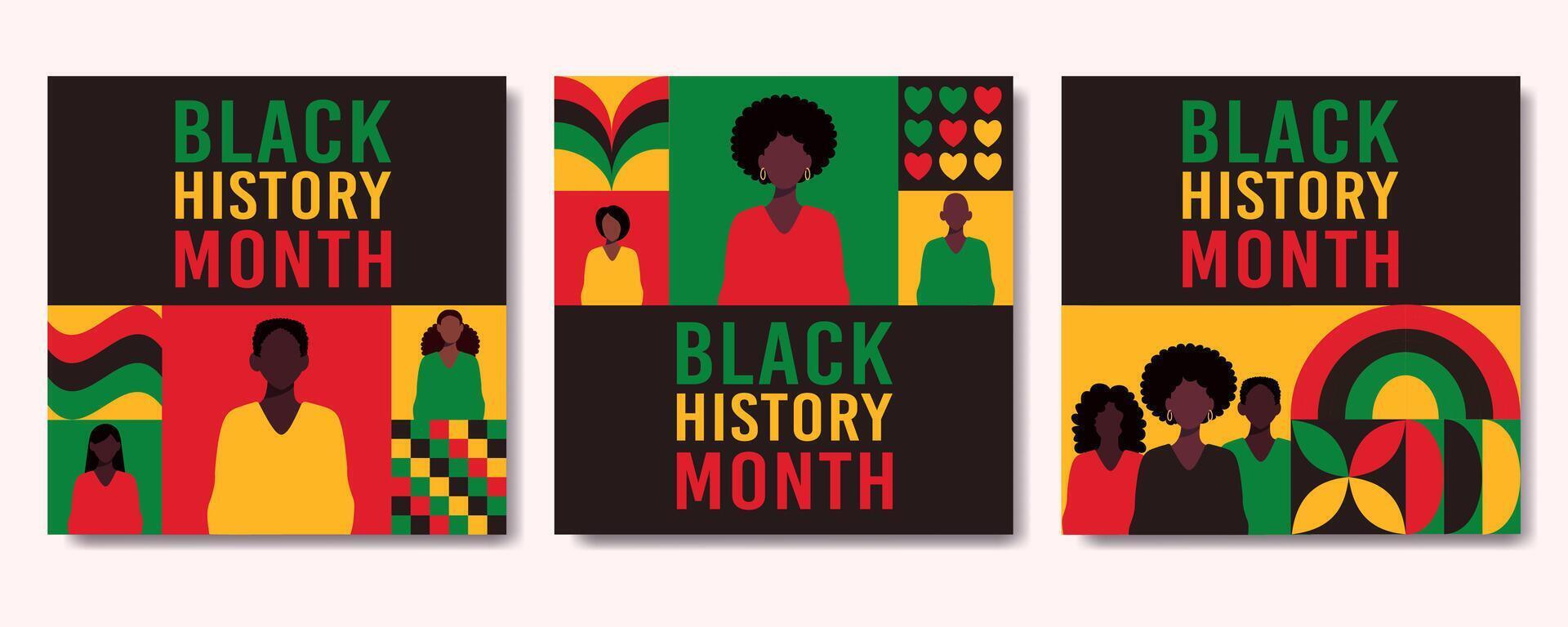 Black history month is a time to celebrate the contributions of African Americans to American society. The posters feature colorful illustrations of people and symbols representing the diversity vector
