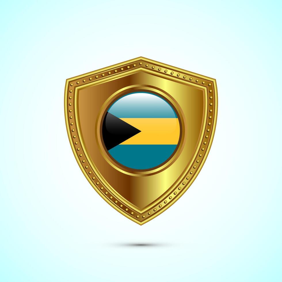Rounded flag of Bahamas with glossy gold shield vector