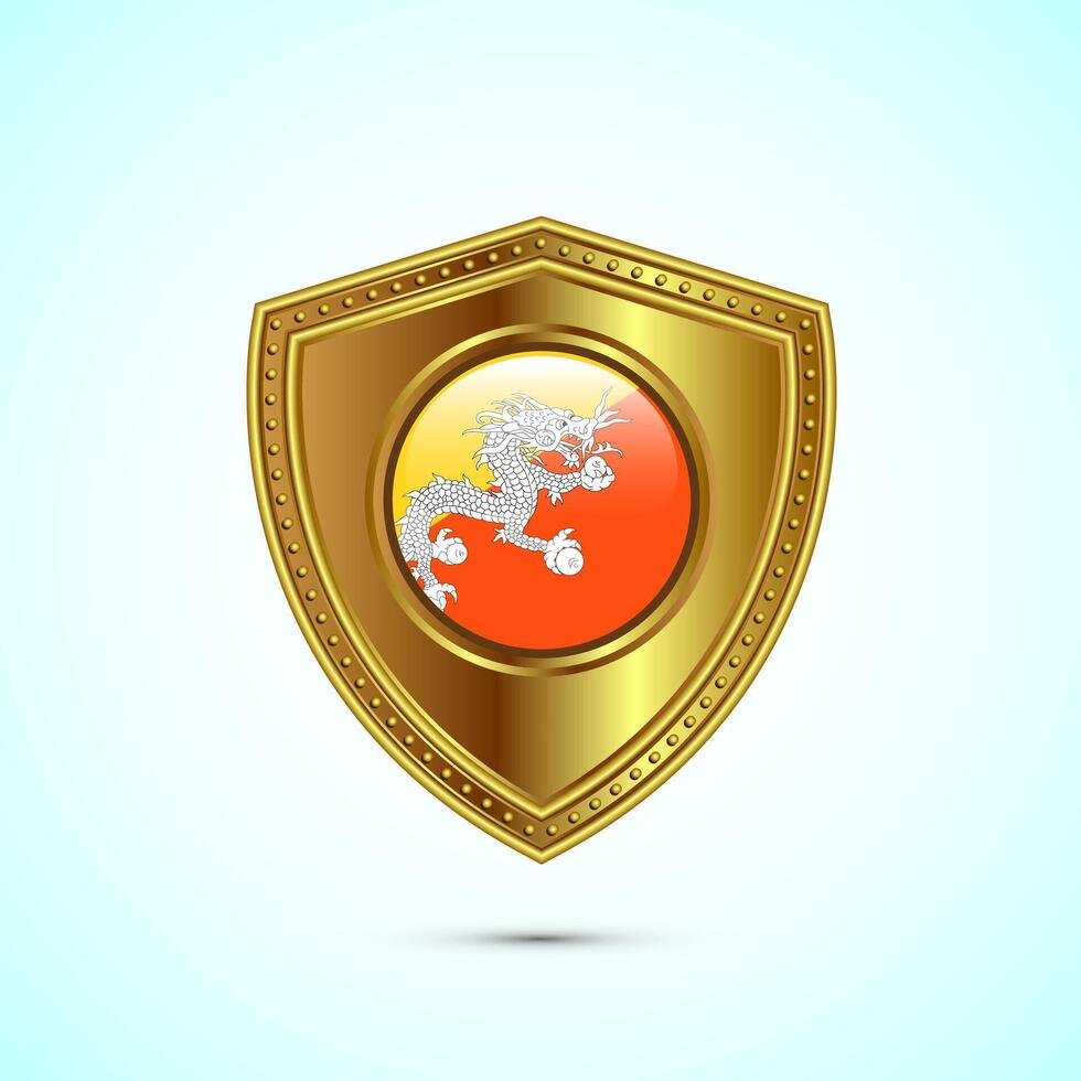 Rounded flag of Bhutan with glossy gold shield vector