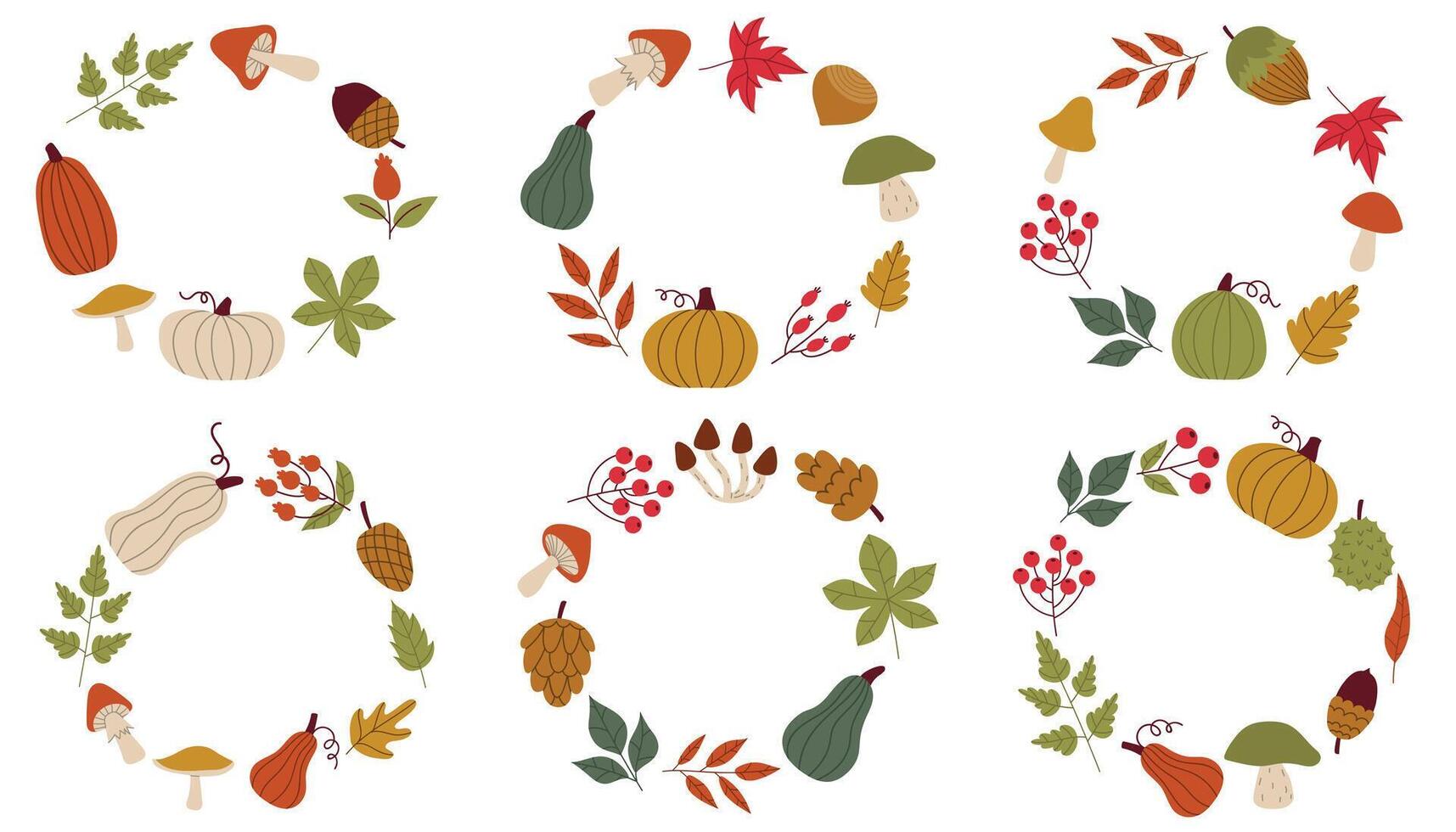 Cute cartoon round autumn frames with pumpkins and leaves, cones and berries. Fall harvest wreaths collection in flat style. vector