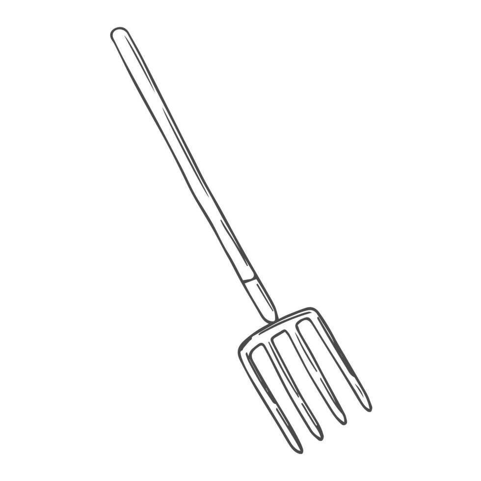 Pitchfork sketch for agricultural work with hay and grass, pitchfork simple drawing vector