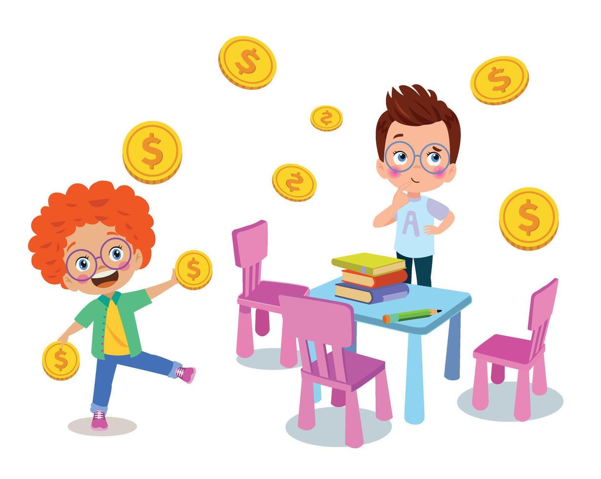 a boy and girl are playing with money in a classroom vector