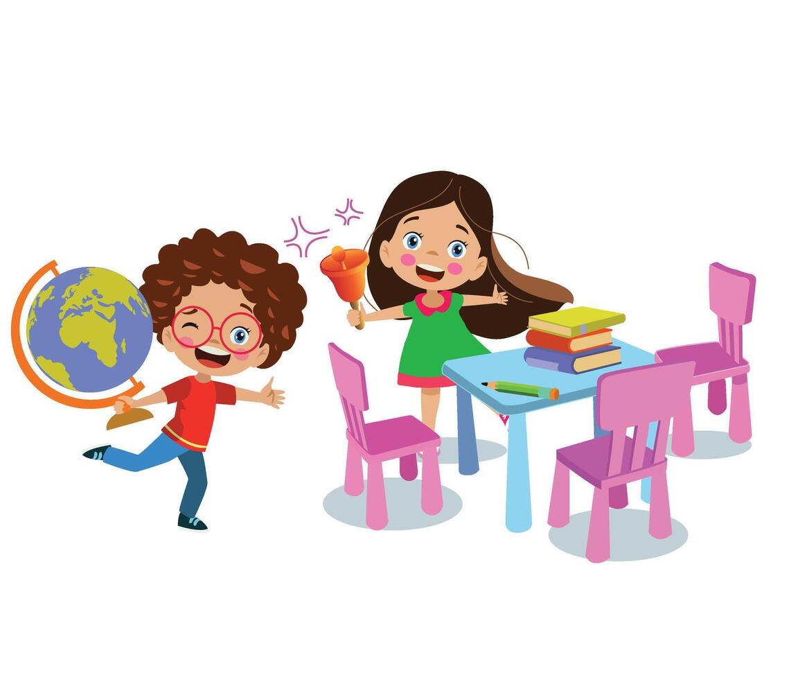 children in school classroom with globe and books vector