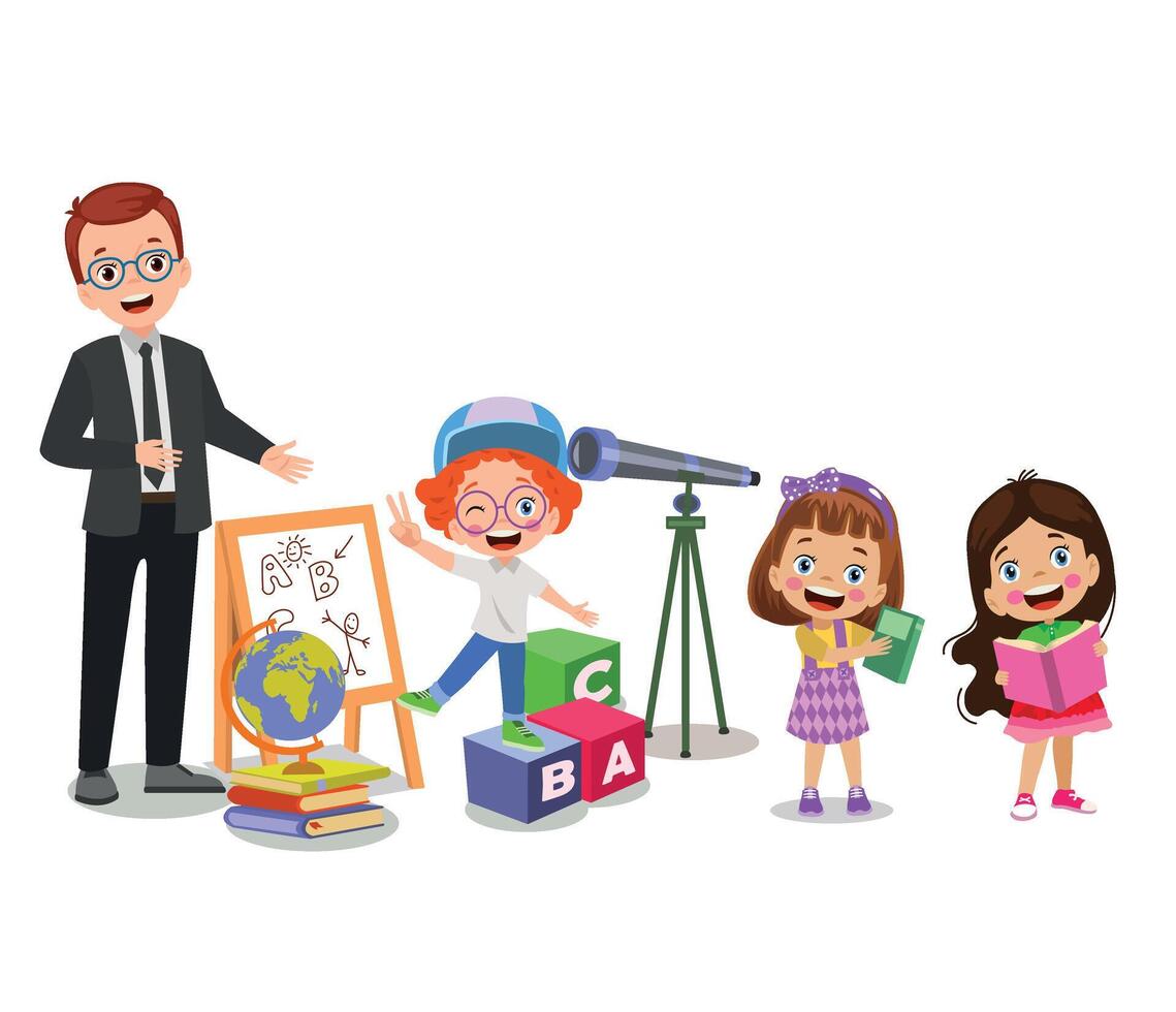 children with teacher and telescope vector