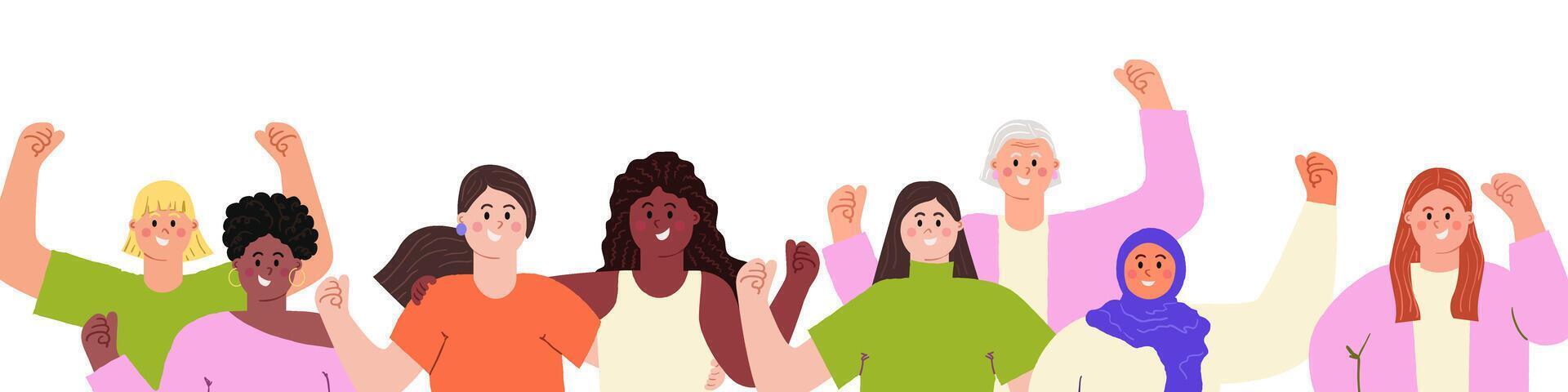 Accelerate action IWD 2025 concept with diverse happy women with hands raised up with closed fists. International Women's day Modern flat illustration isolated on transparent background vector