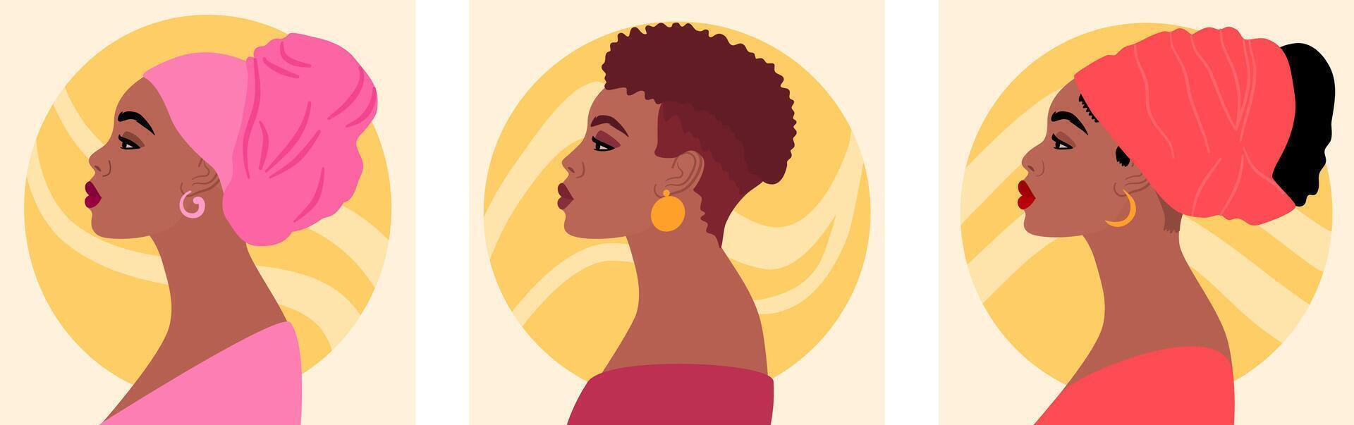 Set of beautiful afro african american women with various hairstyles, side view, avatar for social networks. vector