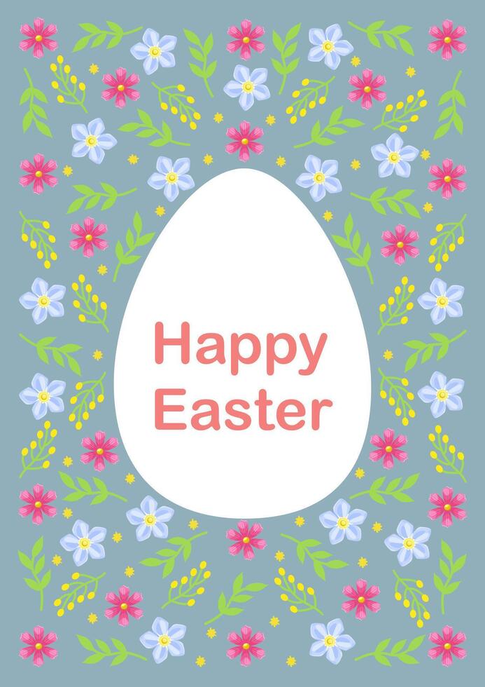 Happy Easter greeting card. White egg with blue and pink flowers and leaves on the grey background. A4 illustration for poster, banner, card, postcard. vector