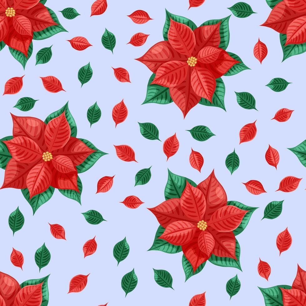 Christmas seamless pattern with Poinsettia and red and green leaves on the blue background. vector