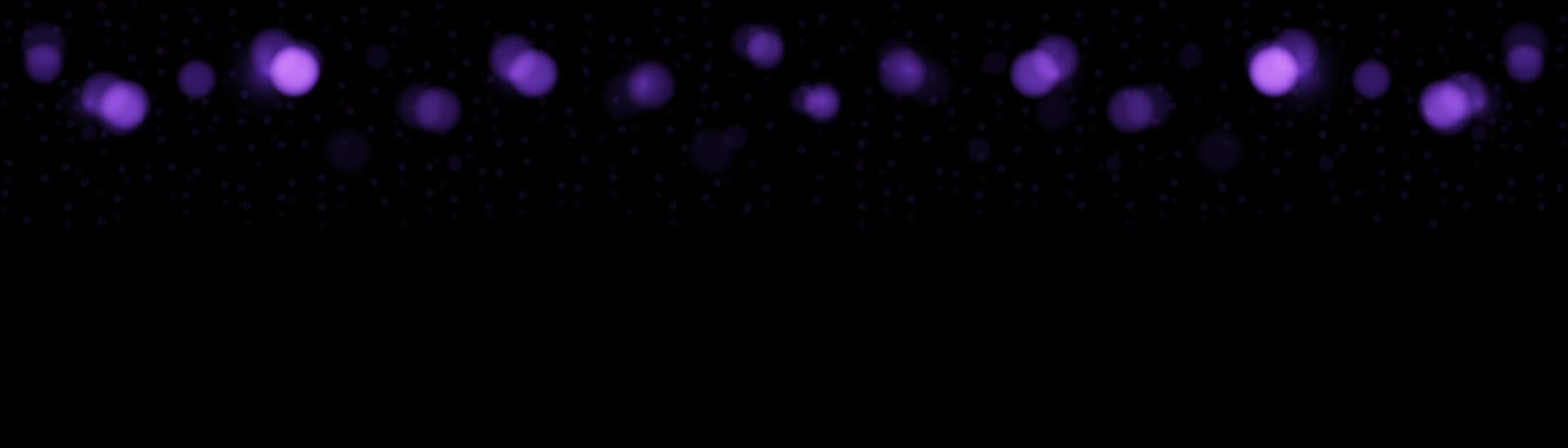 horizontal banner violet bokeh circles, particle on black background. Light circular design along the top edge of the banner. Background with copy space. vector