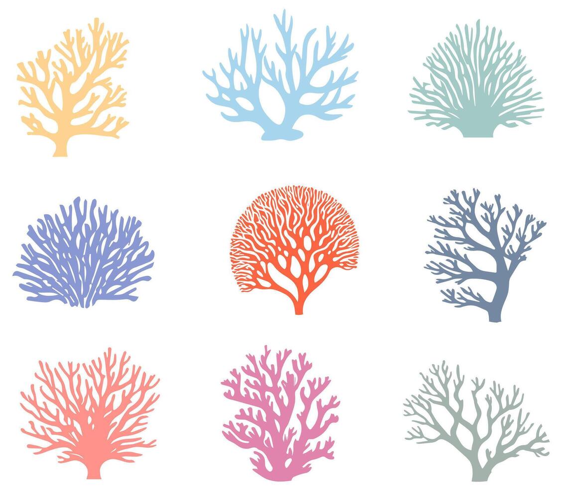 Set of hand drawn corals of different shapes and colors. Underwater flora, sea plants. Botanical illustration. vector