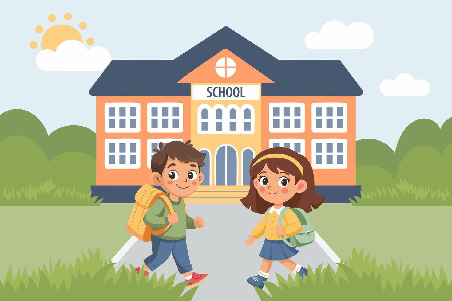 Back to school banner. Two school children going to school with backpacks. Illustration in flat style. vector