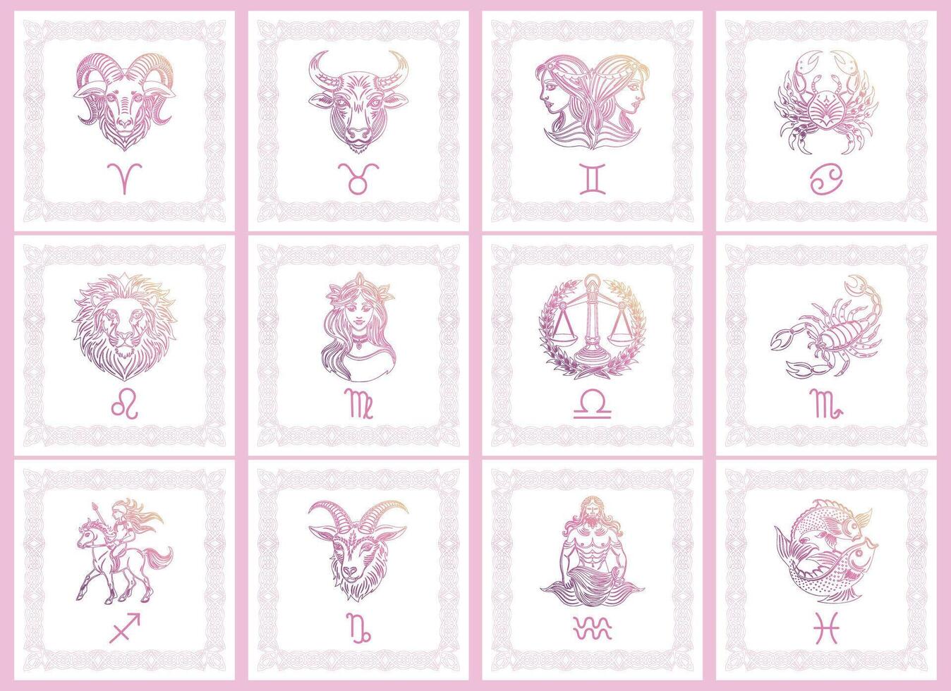 A set of zodiac sign cards in pastel colors. Outline signs of the astrological horoscope. Icons, templates vector
