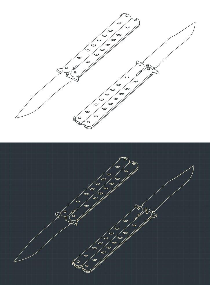 Butterfly knife isometric blueprints vector