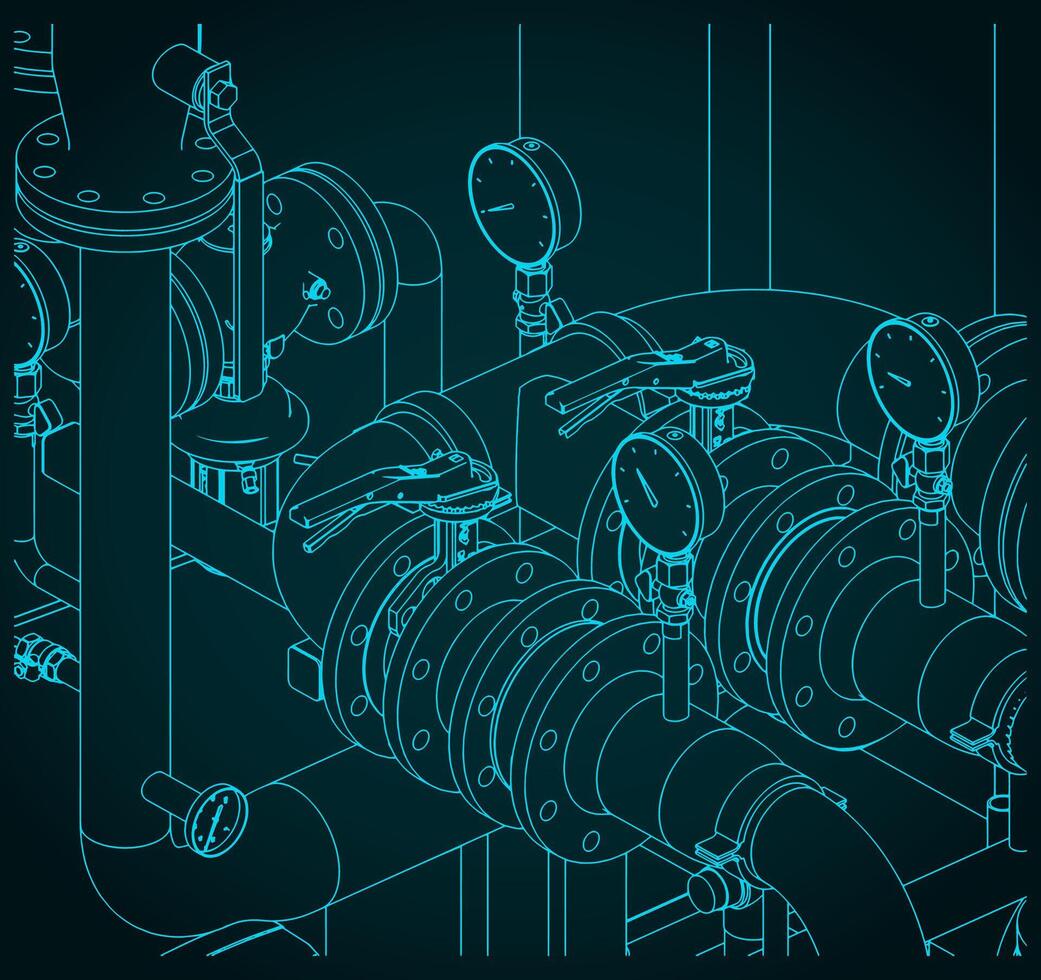 Pipes valves and manometers close-up vector