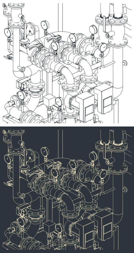Pipes valves and manometers close-up illustrations vector