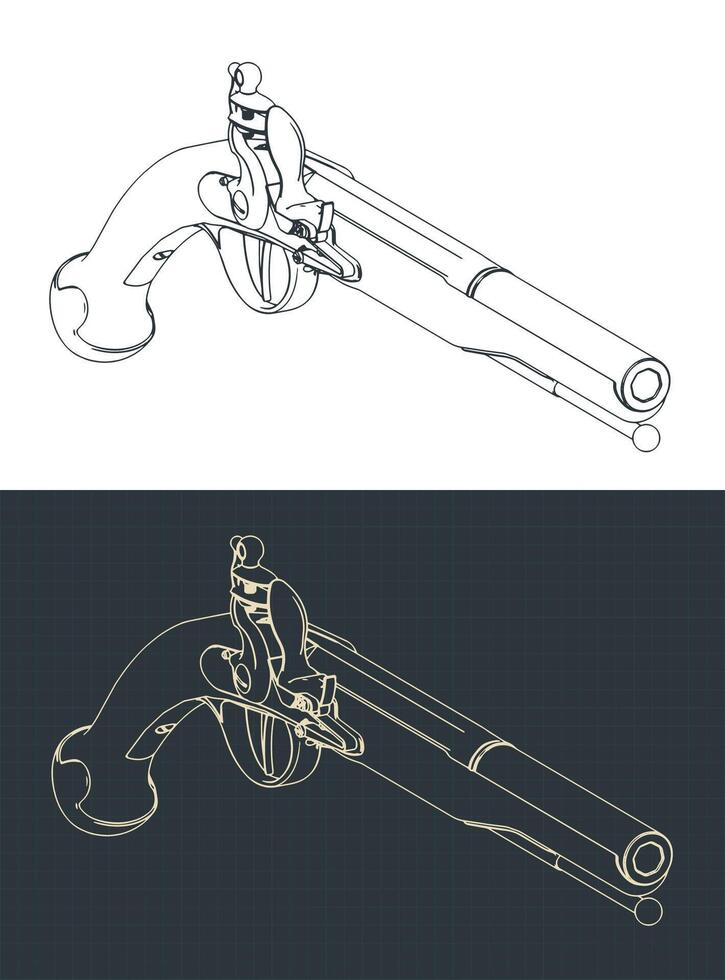 Antique pistol isometric blueprints vector