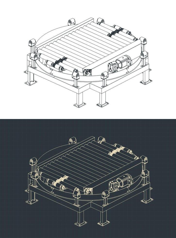 Turntable conveyor section isometric blueprints vector