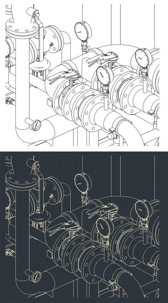 Pipes valves and manometers close-up blueprints vector