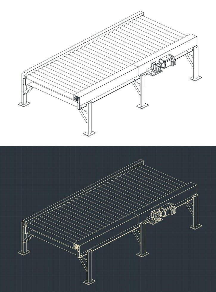Roller conveyor conveyor section isometric blueprints vector
